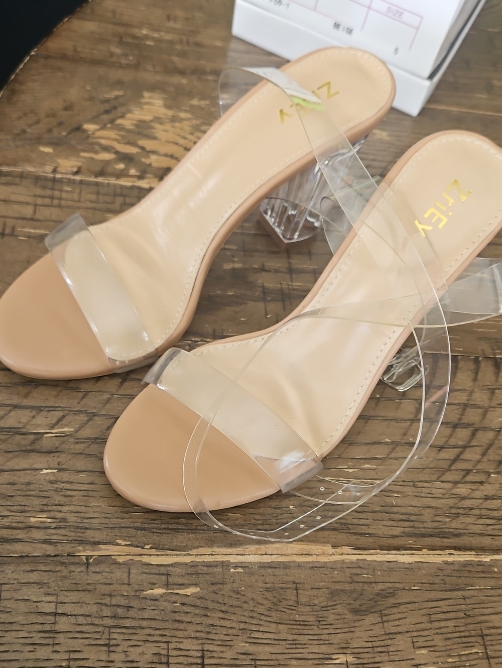 Clear Strap Nude Block Heel Sandal by ZELY
